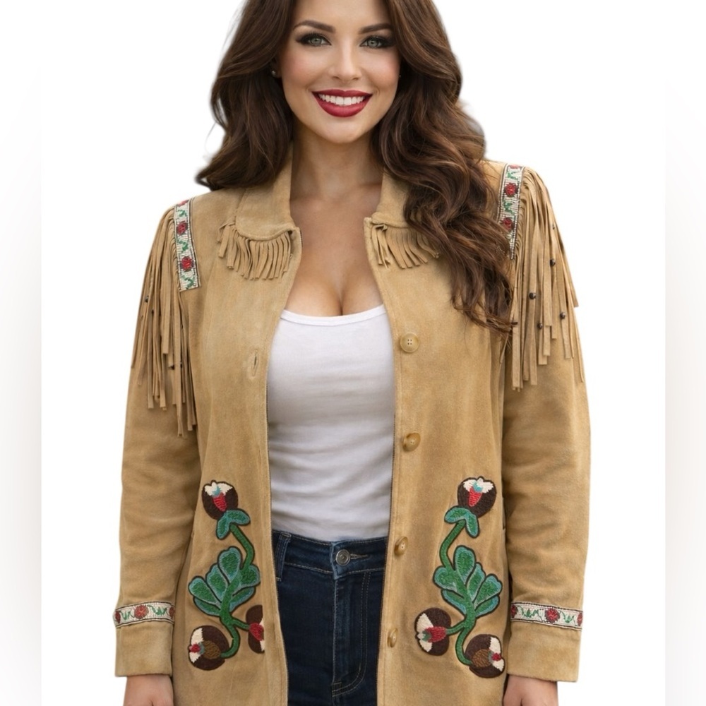 Double D Ranch vintage Beaded Fringe Suede Leather “Telling Stories” Jacket - Picture 1 of 16